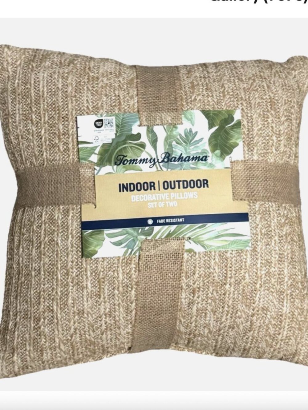 2 Tommy Bahama Tan Woven Faux Straw Raffia Indoor Outdoor Decor Pillow Set 18x18